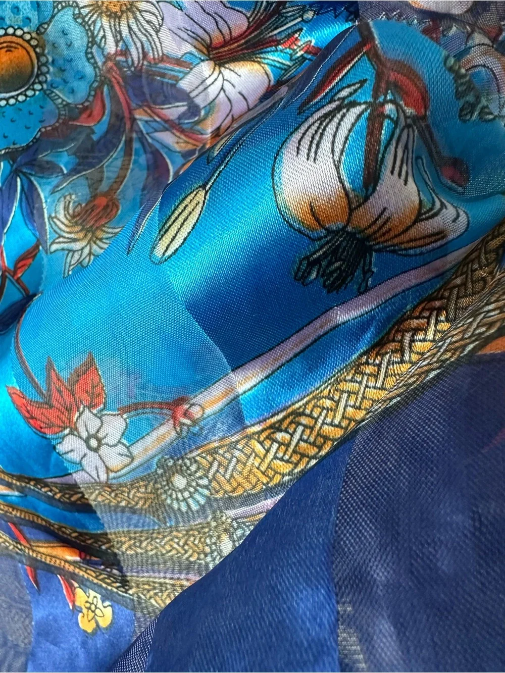 Blue Floral Silk Scarf Wrap